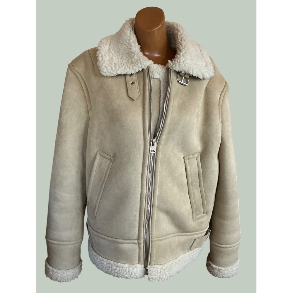 Faux Suede Aviator Jacket Faux Shearling Trim Buckle Detail Tan Cream Size M
